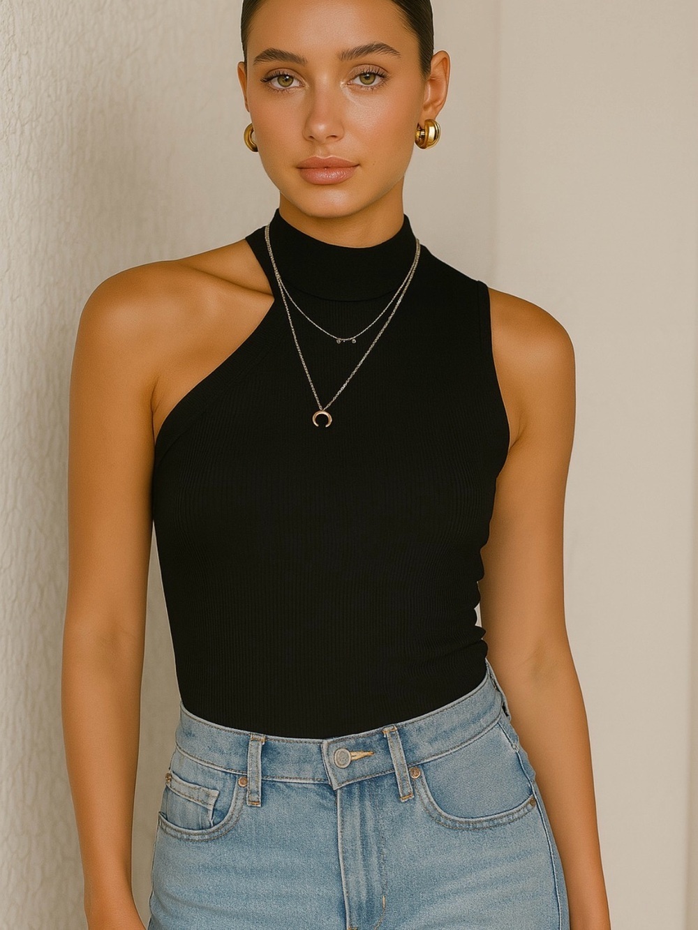 Basic One-Shoulder Ribbed Stretch Black Tank Top